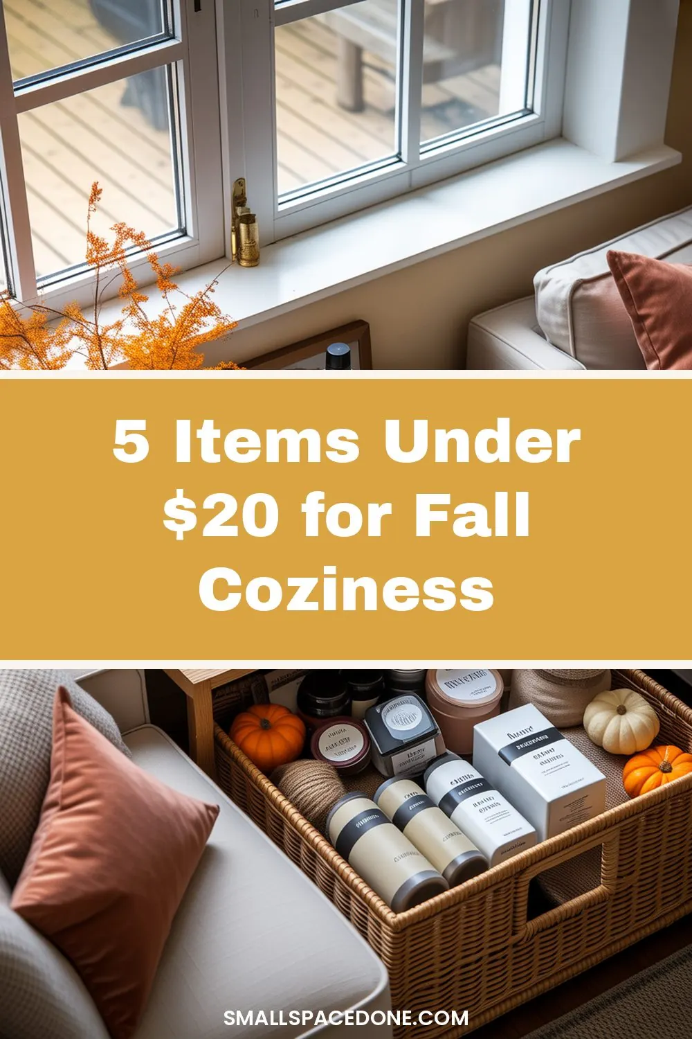 Small apartment living room decorated with fall accents including a plaid throw blanket, pumpkins, and warm string lights on a neutral sofa.