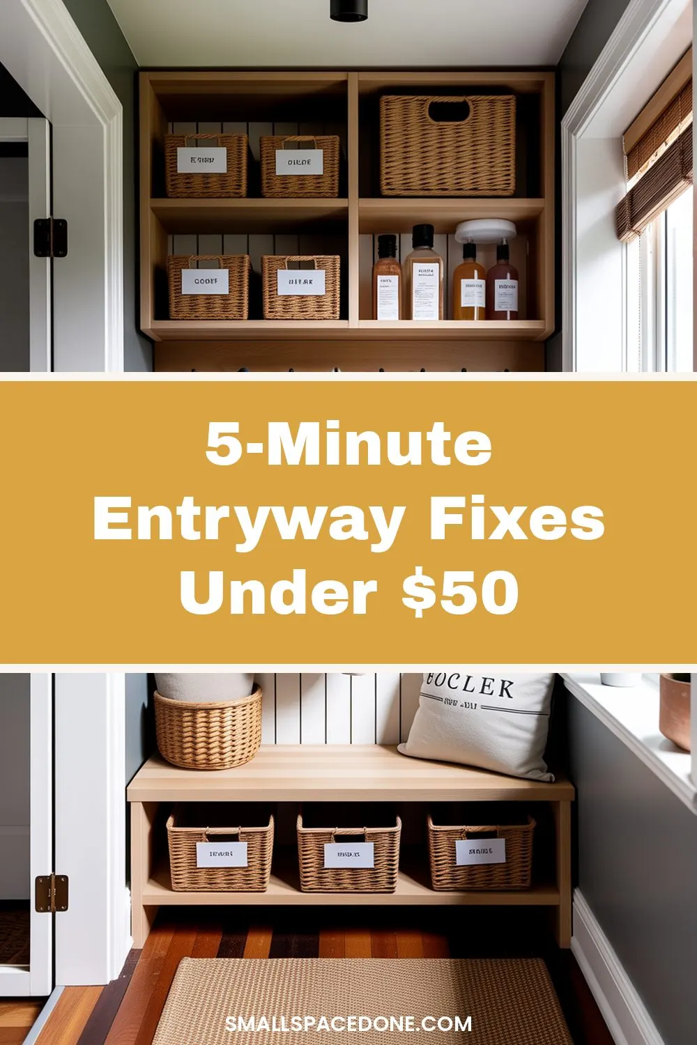 A compact entryway with a narrow wooden bench and wall-mounted hooks holding coats and bags in a small residential home interior.