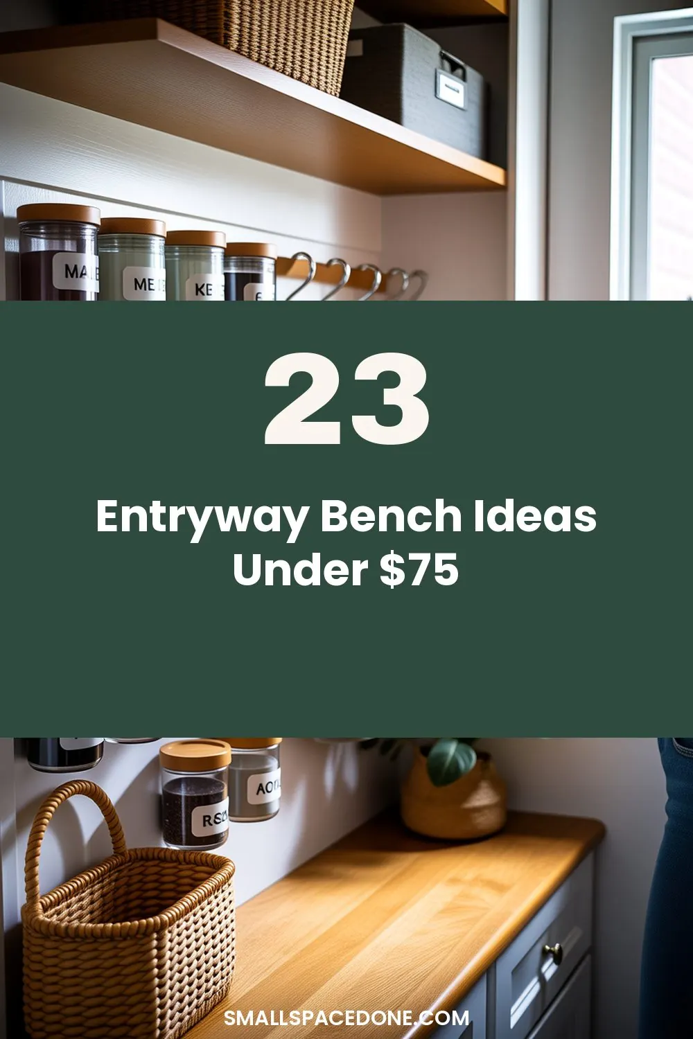 A narrow entryway with a small wooden bench and wall-mounted hooks above it, featuring baskets and coats in a minimalist home interior.