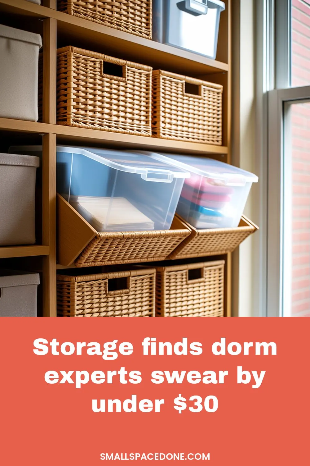A compact dorm room corner displaying affordable storage bins, hanging organizers, and stackable containers neatly arranged on shelves and under a bed.
