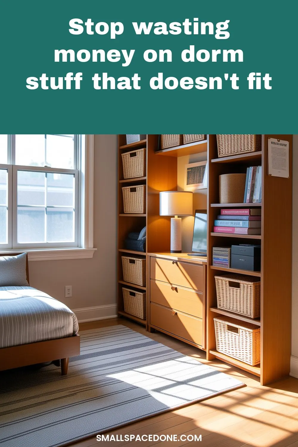 A compact dorm room with white storage bins, hanging organizers, and desk accessories neatly arranged in a small space against a white wall.